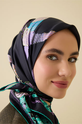 Püskül Noor Siyah-Yeşil Tivil İpek Eşarp 90x90