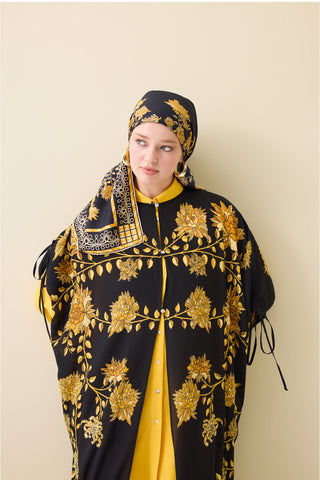 Şakayık Siyah-Altın İpek Abaya