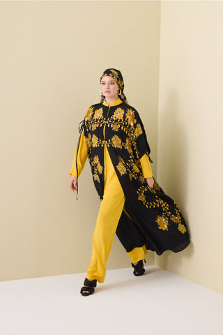Şakayık Siyah-Altın İpek Abaya