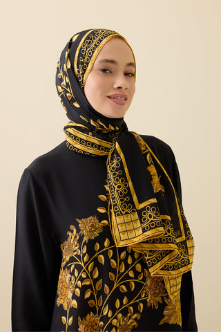Şakayık Siyah-Altın Krep İpek Abaya Şalı 70x210