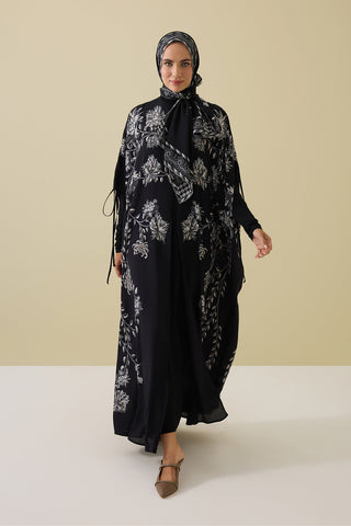 Şakayık Siyah-Gri İpek Abaya