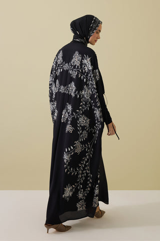 Şakayık Siyah-Gri İpek Abaya