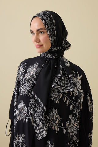 Şakayık Siyah-Gri Krep İpek Abaya Şalı 70x210