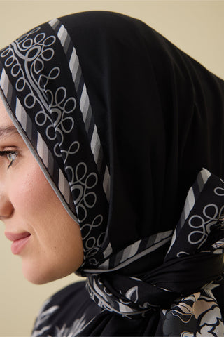 Şakayık Siyah-Gri Krep İpek Abaya Şalı 70x210