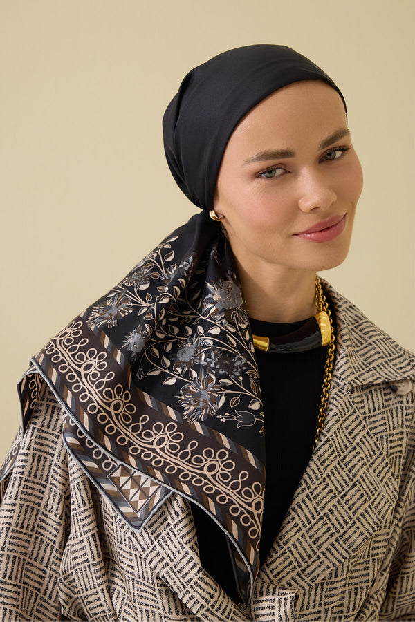 Peony Black-Grey Silk Twill Scarf