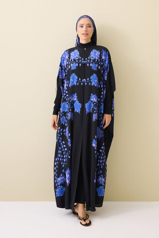 Şakayık Siyah-Saks İpek Abaya