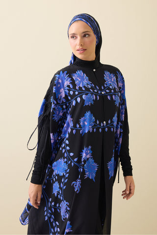 Şakayık Siyah-Saks İpek Abaya