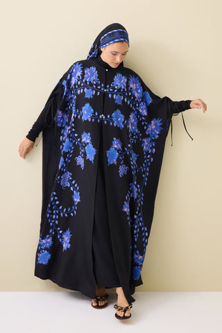 Şakayık Siyah-Saks İpek Abaya