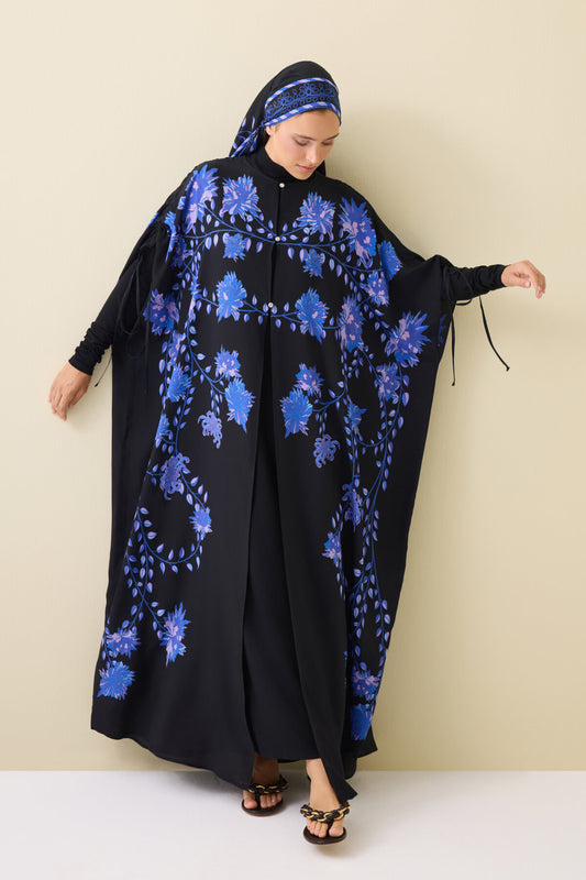 Şakayık Siyah-Saks İpek Abaya