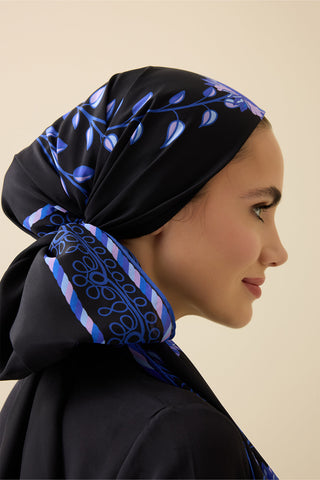 Şakayık Siyah-Saks Krep İpek Abaya Şalı 70x210