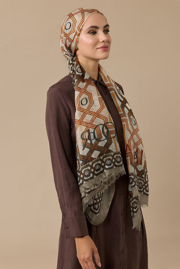 Seljuk-i Cage Beige-Orange Silk Voile Shawl 70x200