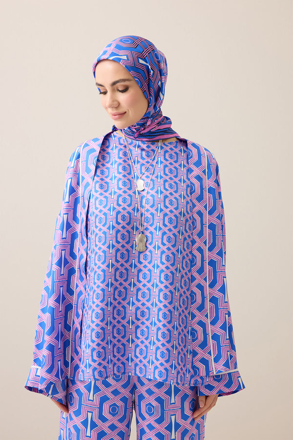 Seljuk-i Cage Fuchsia-Navy Silk Sleeveless Blouse