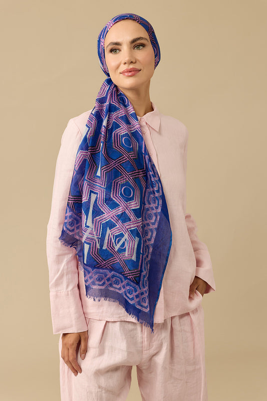 Selçuk-i Kafes Fuşya-Saks İpek Vual Şal 70x200