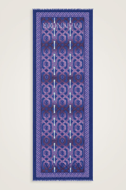 Selçuk-i Kafes Fuşya-Saks İpek Vual Şal 70x200