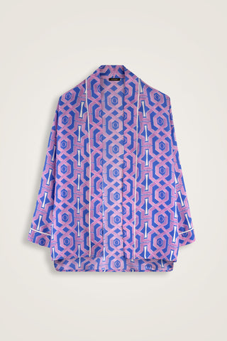 Selçuk-i Kafes Fuşya-Saks Tivil İpek Kısa Kimono
