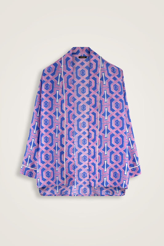 Selçuk-i Kafes Fuşya-Saks Tivil İpek Kısa Kimono