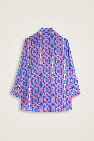 Selçuk-i Kafes Fuşya-Saks Tivil İpek Kısa Kimono