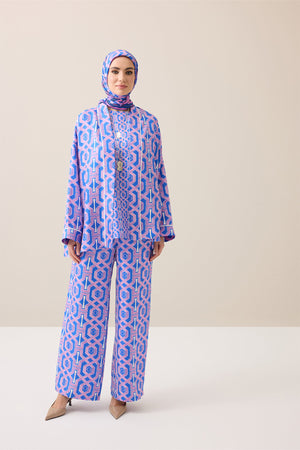Selçuk-i Kafes Fuşya-Saks Tivil İpek Kısa Kimono