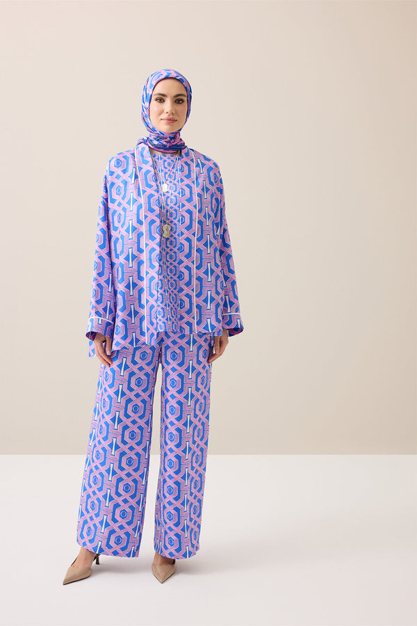 Seljuk-style Cage Fuchsia-Saks Twill Silk Short Kimono