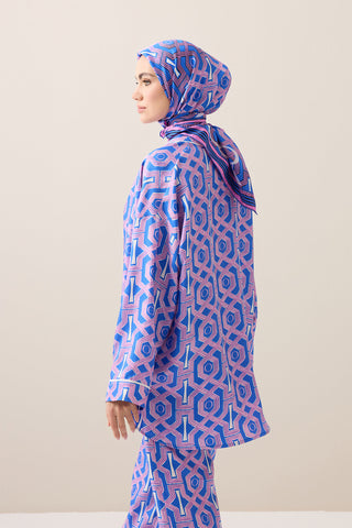 Selçuk-i Kafes Fuşya-Saks Tivil İpek Kısa Kimono