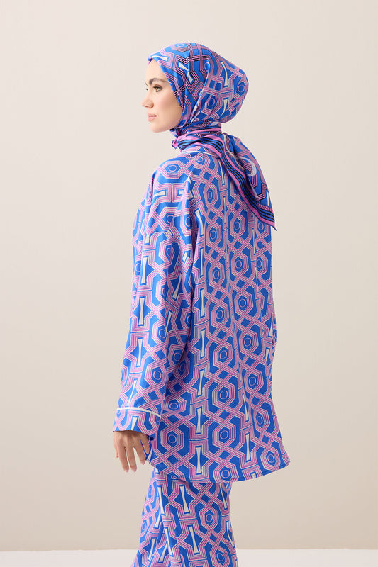 Selçuk-i Kafes Fuşya-Saks Tivil İpek Kısa Kimono