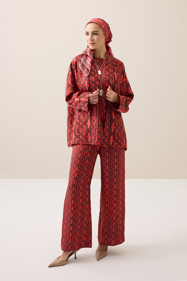 Seljuk-i Cage Red Twill Silk Short Kimono
