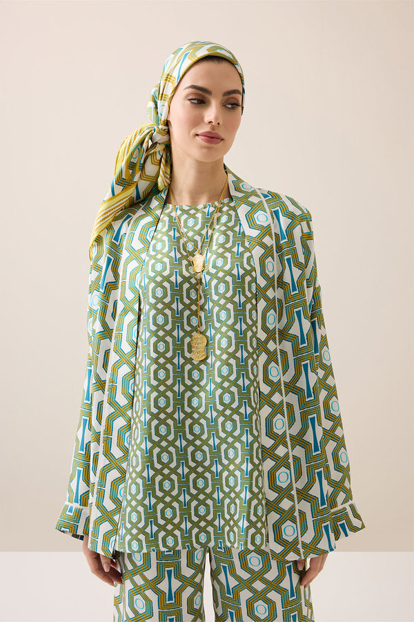 Seljuk-i Cage Turquoise-Yellow Silk Sleeveless Blouse