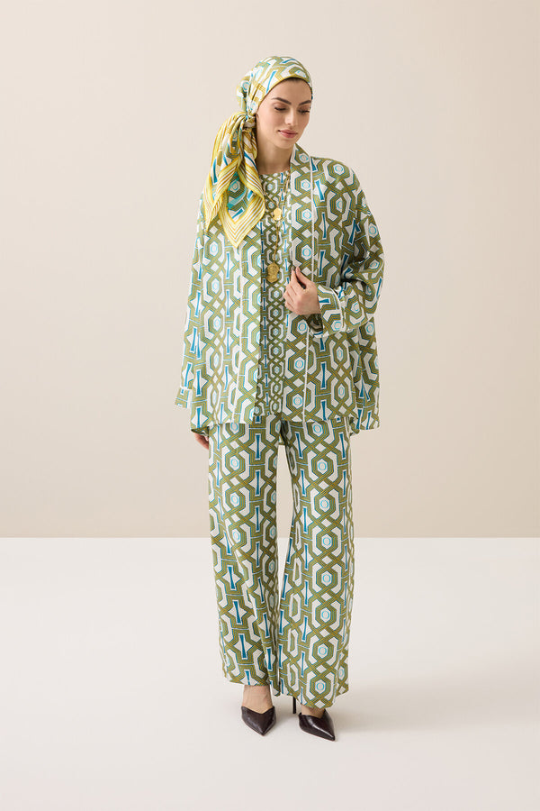 Seljuk-i Kafes Turquoise-Yellow Twill Silk Short Kimono