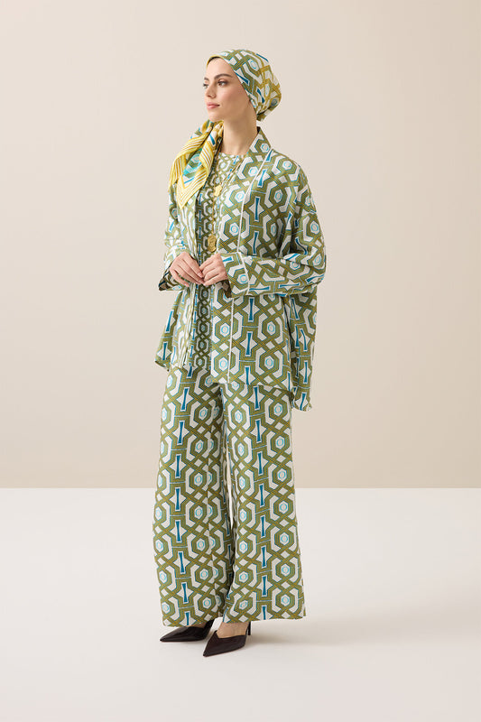 Selçuk-i Kafes Turkuaz-Sarı Tivil İpek Kısa Kimono