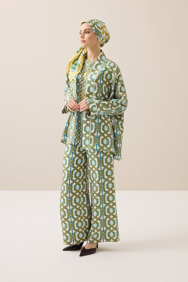 Seljuk-i Kafes Turquoise-Yellow Twill Silk Trousers