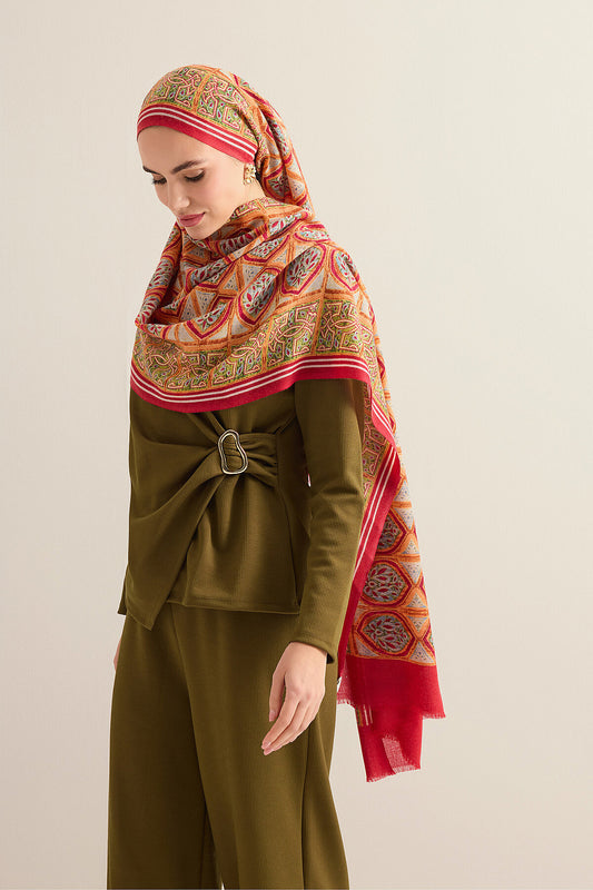 Şemse Ve Mihrap Kırmızı-Bej Yün Şal 70x200