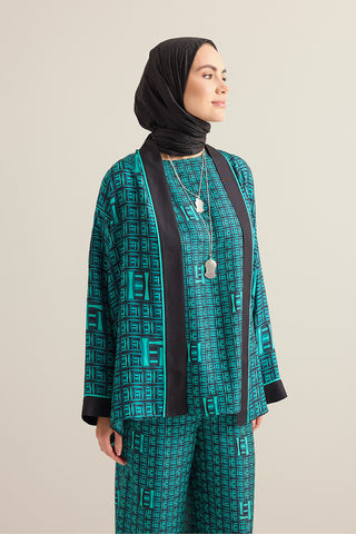 Sepet Yeşil Tivil İpek Kısa Kimono