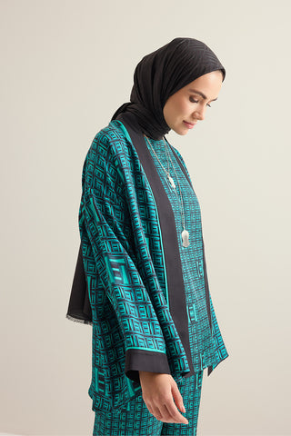 Sepet Yeşil Tivil İpek Kısa Kimono
