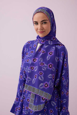 Serpme Çiçek Mor Krep İpek Şal 70x210