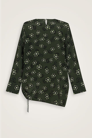 Serpme Çiçek Yeşil Büzgülü İpek Bluz