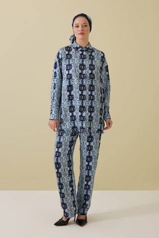 Girdap Mavi Tivil İpek Pantolon Pijama
