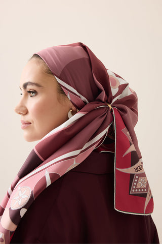 Tek Lale Bordo-Gül Kurusu Tivil İpek Eşarp 90x90