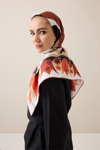 Tek Lale Kırmızı-Bej Tivil İpek Eşarp 90x90
