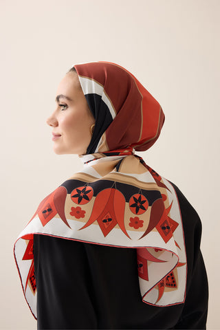 Tek Lale Kırmızı-Bej Tivil İpek Eşarp 90x90