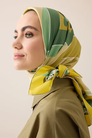Tek Lale Sarı-Bej Tivil İpek Eşarp 90x90
