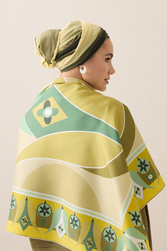 Tek Lale Sarı-Bej Tivil İpek Eşarp 90x90