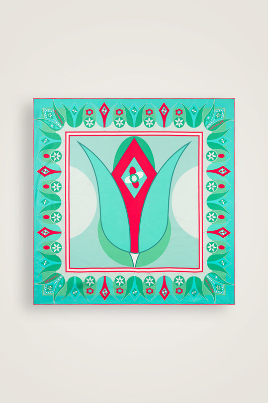 Tek Lale Turkuaz Tivil İpek Eşarp 90x90