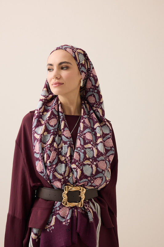 Ters Lale Bordo-Gri Yün Şal 70x200