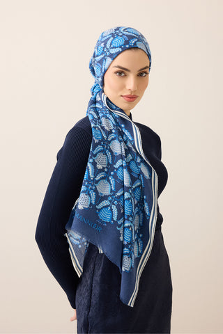 Ters Lale Lacivert Yün Şal 70x200
