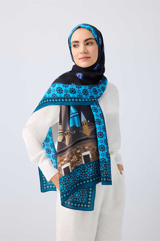 Vuslat Siyah-Saks Mavi Floş Viskon Şal 70x210 70x210