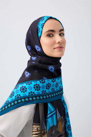Vuslat Siyah-Saks Mavi Floş Viskon Şal 70x210 70x210