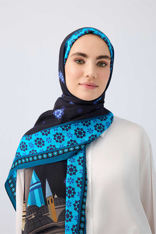 Vuslat Siyah-Saks Mavi Floş Viskon Şal 70x210 70x210