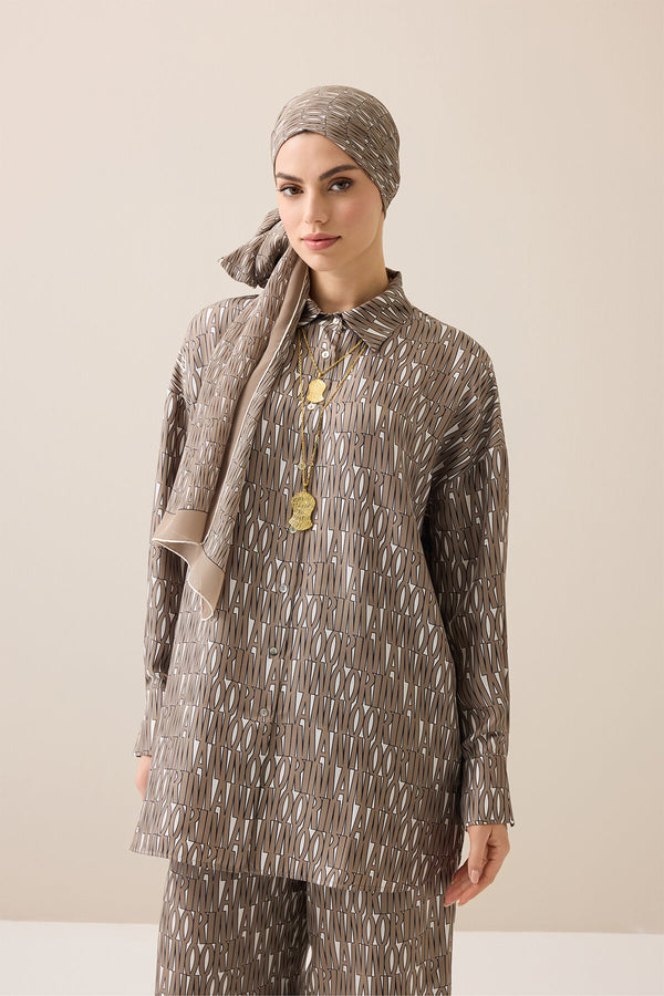 Beige Twill Silk Shirt with Text Pattern