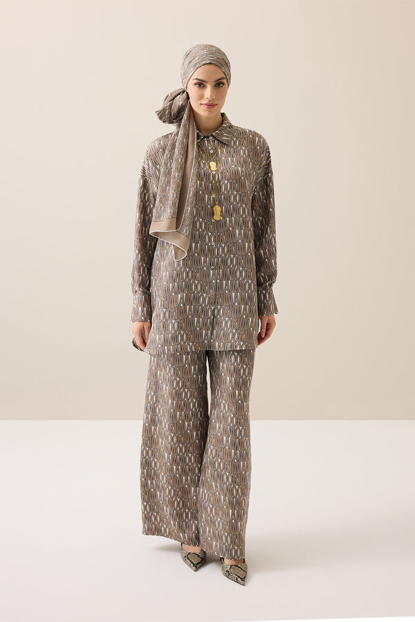 Beige Twill Silk Trousers with Text Pattern