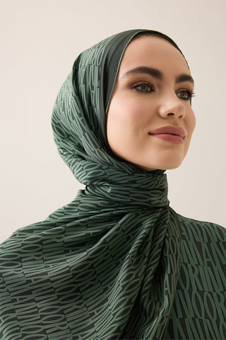 Yazı Yeşil Krep İpek Gömlek Şalı 70x210